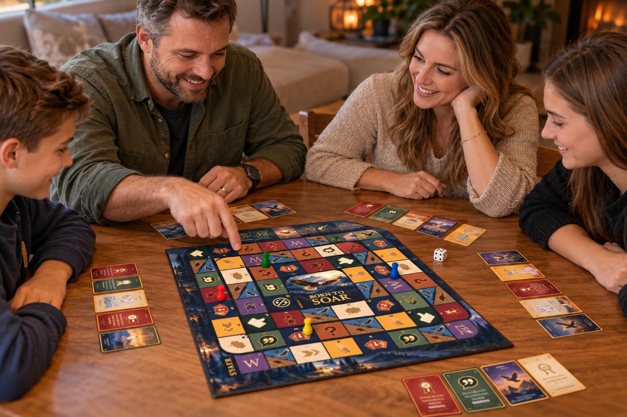 A family playing Turkeys and Eagles around a table